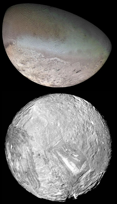 A maior lua de Netuno, Tritão (em cima) é um mundo em constante mudança de forma ativa e um primo distante de Plutão. Miranda (inferior), um satélite de Urano, abriga uma miscelânea de terrenos e o mais alto do penhasco conhecido - cerca de 20 km - no sistema solar.