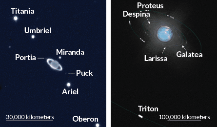 Os anéis e luas de Urano (à esquerda) brilham em uma imagem de 2002 do Very Large Telescope. Uma horda de satélites orbitam Netuno (à direita) em uma ilustração baseada em imagens do Telescópio Espacial Hubble tiradas um ano netuniano (164 anos terrestres) após a descoberta do planeta.