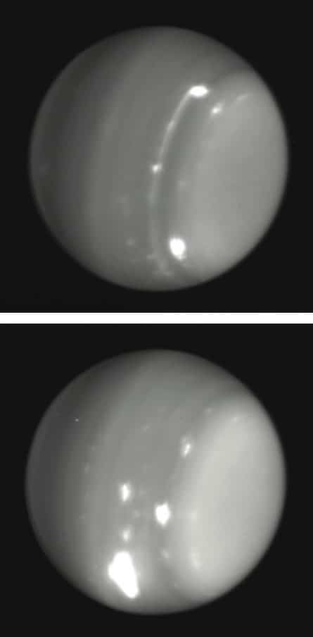 Tempestades (pontos brilhantes) em erupção em 2014 em um Urano normalmente adormecido, visto nestas imagens infravermelhas pelo Observatório Keck.