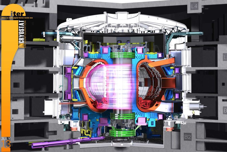 Representação artística da vista em corte do reator de fusão tokamak ITER em operação. (ITER)