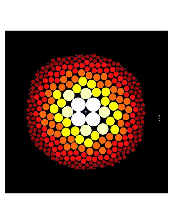 Uma representação gráfica de todas as estrelas conhecidas dentro de 32,6 anos-luz (10 parsecs) de distância da Terra. Estrelas de cada categoria no sistema de classificação estelar são representadas por círculos preenchidos com tamanhos proporcionais ao tamanho da estrela e cores que se aproximam de suas verdadeiras cores. O Sol, uma estrela do tipo G, é representada por um dos círculos amarelos. As anãs M são subdivididas em dois tons de vermelho e em 3 tamanhos diferentes para representar a diversidade dentro da classe M. Anãs M vastamente superam todos os outros tipos. Os pontos muito pequenos no centro representam restos estelares que esgotaram seu combustível nuclear e são chamadas de anãs brancas. Os 8 planetas do Sistema Solar também são traçados para comparação de tamanho, com Mercúrio e Marte demasiadamente pequenos para serem perceptíveis. A contagem atualizada está disponível em www.recons.org. Cortesia de Todd J. Henry / RECONS.