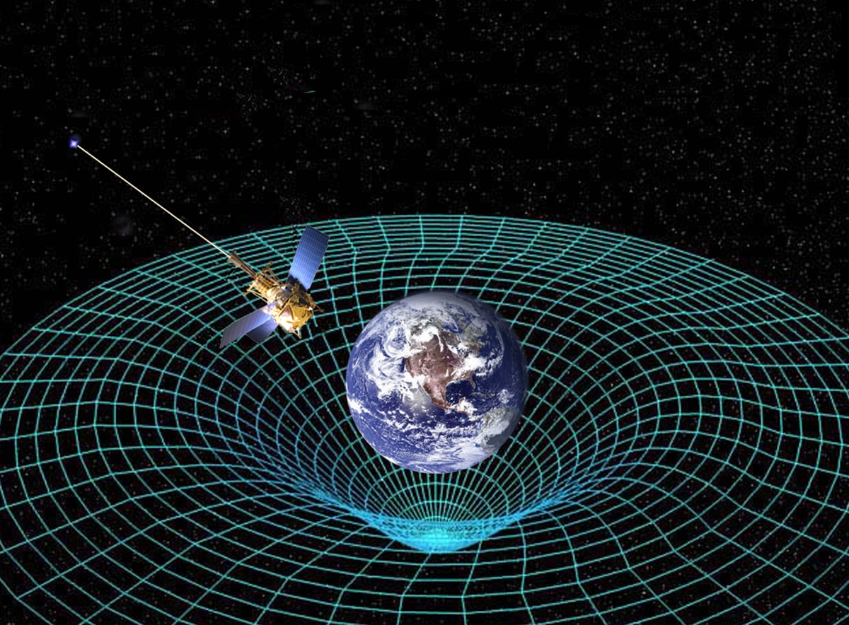 Concepção artística da Gravity Probe B em órbita da Terra para medir a curvatura do espaço-tempo.