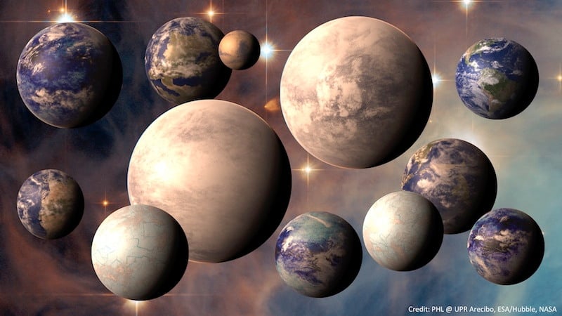 A ilustração deste artista mostra alguns dos planetas identificados no Catálogo de Planetas Habitáveis. Um telescópio projetado para a visualização direta da superfície de exoplanetas poderia potencialmente identificar mais sinais de habitabilidade, ou mesmo a vida, em outros planetas. Crédito: PHL @ UPR Arecibo, ESA / Hubble, NASA.