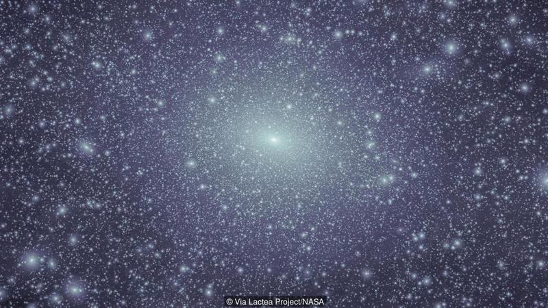 Uma simulação de computador mostra como aglomerados de matéria escura (branco) seriam (Crédito: Via Lactea Project / NASA)