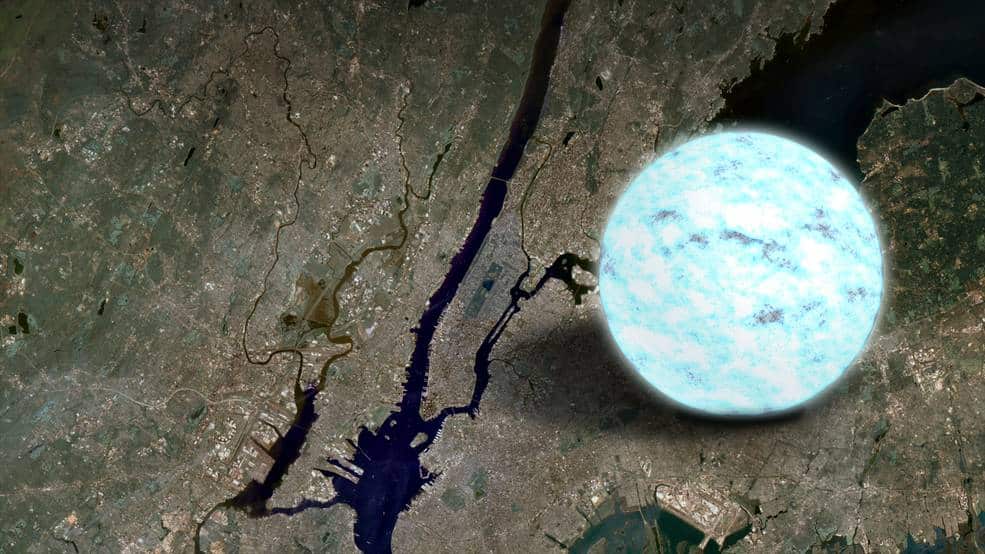 Esta ilustração compara o tamanho de uma estrela de nêutrons com a ilha de Manhattan, em Nova York, que tem cerca de 20 quilômetros de comprimento. A estrela de nêutrons é o núcleo esmagado remanescente quando uma enorme estrela explode como uma supernova e são os objetos mais densos que os astrônomos podem observar diretamente. Crédito: NASA Goddard Space Flight Center.