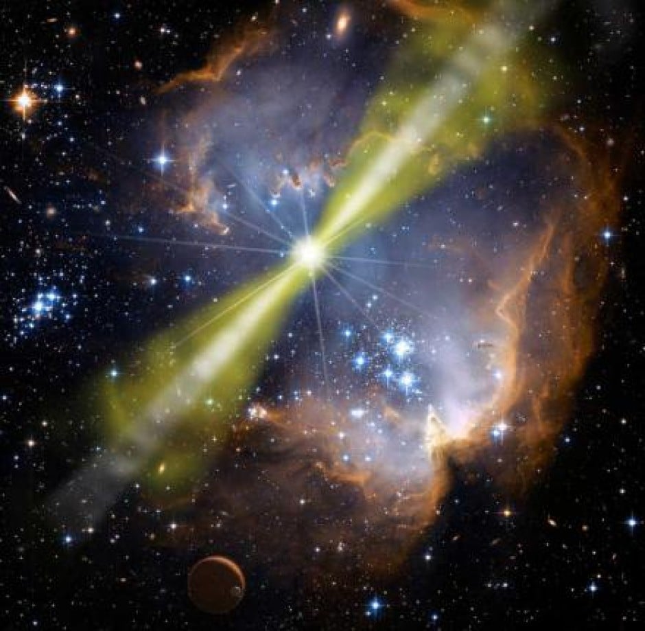 Ilustração de uma explosão de raios gama em uma região de formação estelar. Esses fenomenos poderiam estar acelerado as UHECRs às suas enormes energias? [NASA/Swift/Mary Pat Hrybyk-Keith and John Jones]