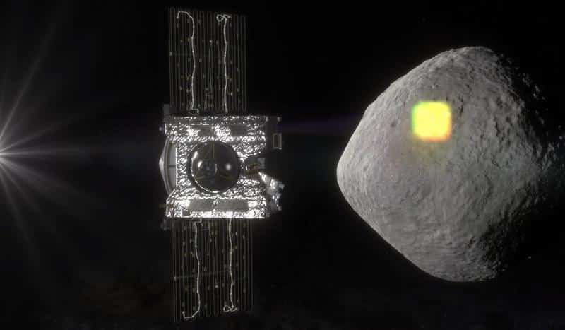 Representação artística do OSIRIS-Rex mapeando o asteroide Bennu durante o seu ano de levantamento antes de coletar uma amostra para retornar à Terra. Crédito: NASA / Goddard / University of Arizona.