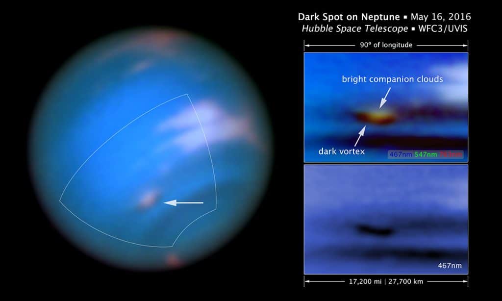 Imagens de Netuno tiradas pelo Hubble. À direita, dados obtidos em diferentes comprimentos de onda (Crédito: NASA, ESA, e Z. Levay (STScI)).