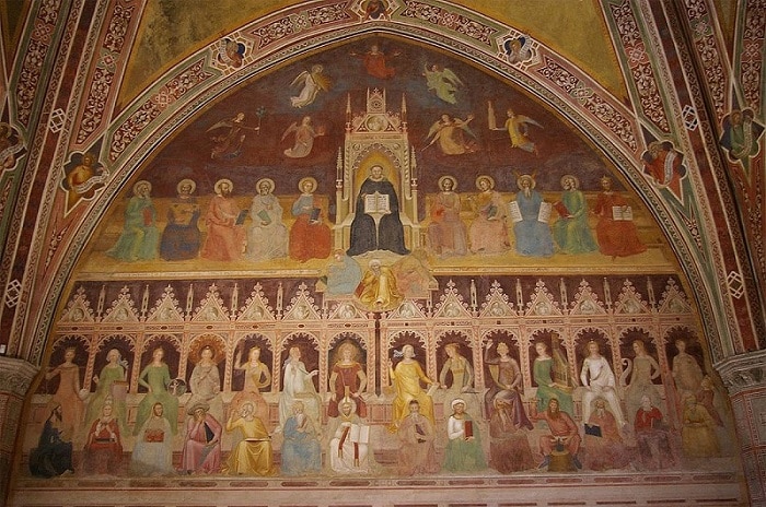 O Triunfo de Santo Tomás – Andrea de Bonaiuto (1343 – 1377) Afresco entre 1365 e 1368 Averróis está no centro da pintura, logo abaixo do homem vestido de preto, usando uma veste amarela e apoiado por um livro vermelho, provavelmente de Aristóteles.