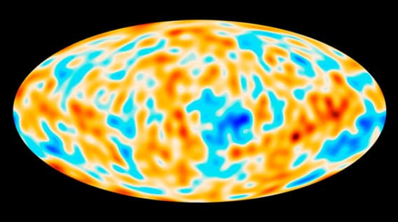 Um mapa do Universo 'torto'. Isso mostra a diferença entre um ajuste suave matemático para a luz de fundo do cosmos contra o que é realmente visto - estas flutuações são apenas um 'fio de cabelo' maior do que o esperado, mas que faz toda a diferença no Universo. Créditos da Imagem: ESA ea colaboração Planck.