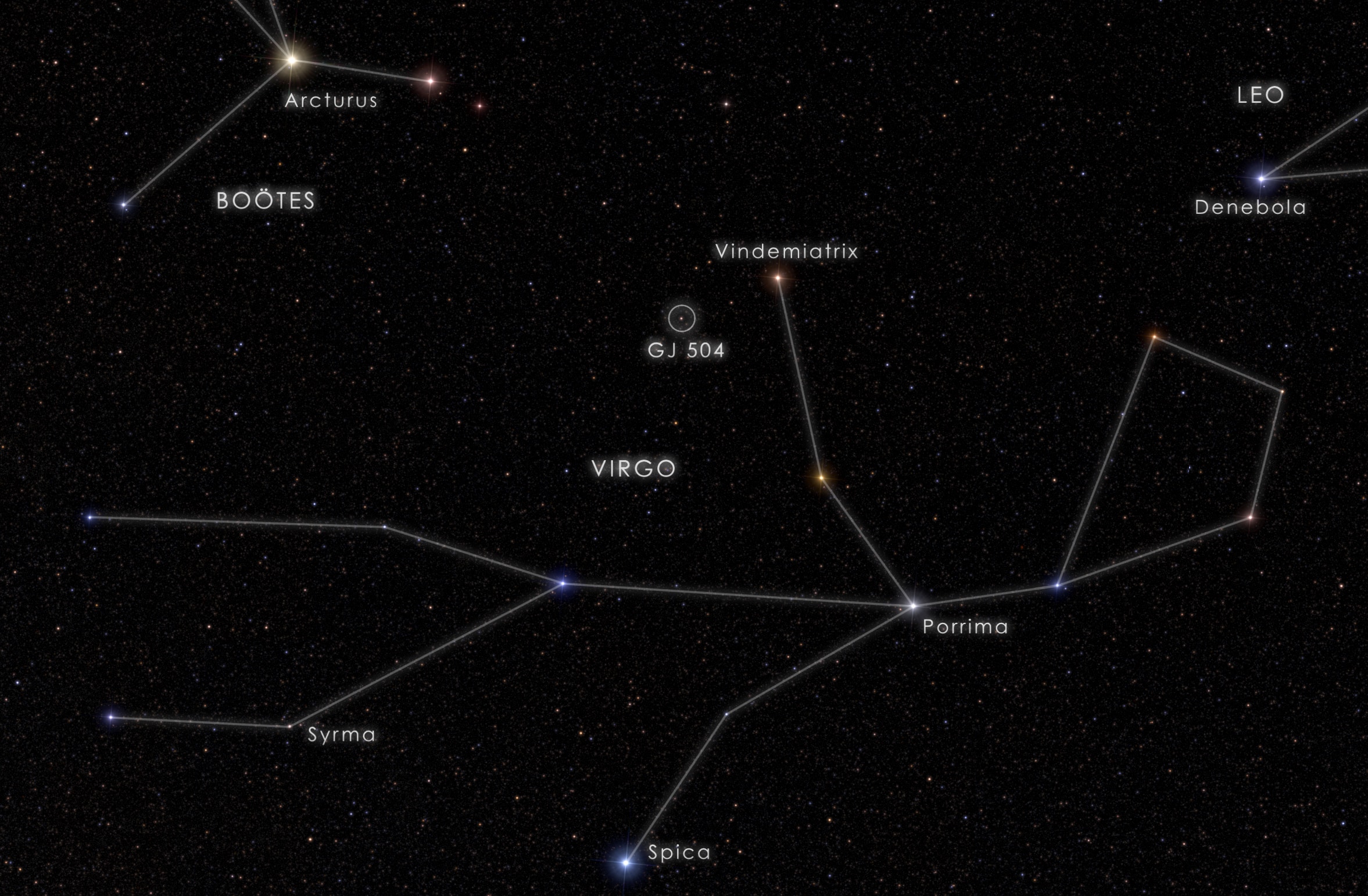 Este gráfico localiza a quinta magnitude estrela GJ 504, também conhecido como 59 Virginis, que é visível a olho nu a partir céus suburbanos. Crédito da imagem: NASA Goddard Space Flight Center.