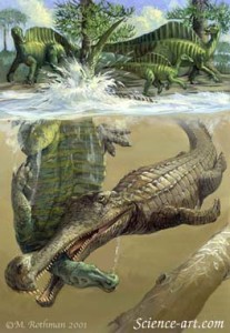 Sarcosuchus abatendo um Ouranosaurus. Autor desconhecido.