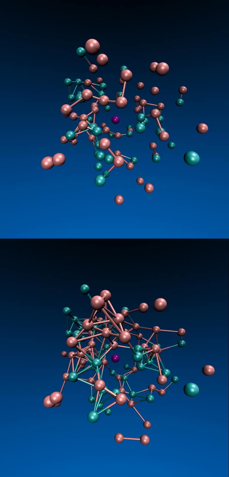 Simulação gráfica por Jeremy England e seus colegas, onde mostra um sistema de partículas confinadas dentro de um líquido viscoso do qual as partículas destacadas de turquesa são estimuladas por uma força. Depois de um tempo (de cima para baixo), a força provoca a formação de mais ligações entre as partículas. Imagem cedida por: Jeremy England 