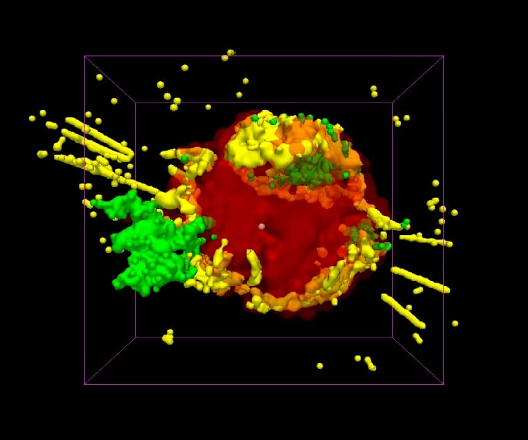 A imagem do Chandra da SNR Cassiopeia-A mostra material ejetado rico em ferro fora do material ejetado rico em silício, indicando assim que mistura turbulenta e uma explosão asférica virou grande parte da estrela original do avesso.