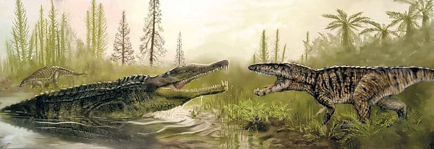 Crocodilo (fitossauro) e um réptil primitivo. Tal ilustração relata bem a ideia de competição de espaço, território e comida. Autor desconhecido.