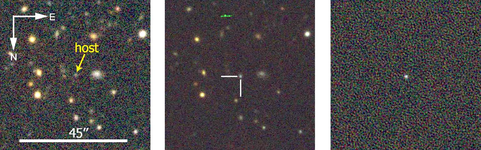 Imagens antes (à esquerda) e depois (centro) da região onde a DES13S2cmm foi descoberta. À direita é uma subtração destas duas imagens, mostrando um novo objeto brilhante no centro - uma supernova. Crédito: Dark Energy Survey.