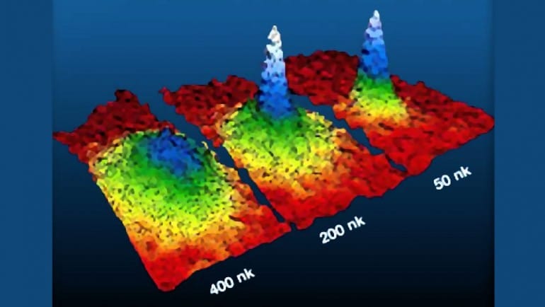 Um condensado de Bose-Einstein ganhando forma na medida em que a temperatura é reduzida (Crédito: NASA)