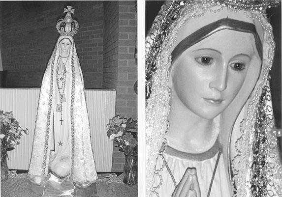 A Estátua Virgem Peregrina de Fátima estava disponível para "veneração" em uma Igreja Católica em Amherst, Nova York (Figura 1). Um "close" da estátua mostra seus olhos de vidro que, segundo relatos, frequentemente "choram" (Figura 2). Crédito da Imagem: Joe Nickell.