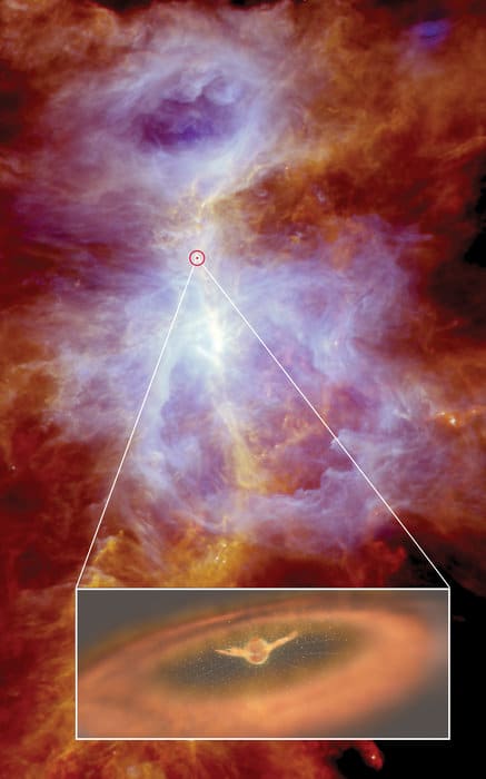 Orion A, uma nebulosa de formação estelar a cerca de 1500 anos-luz da Terra, como vista pelo observatório espacial Herschel da ESA. Orion A está localizada dentro da "espada de Orion" - seguida das três estrelas principais que formam o cinturão da constelação de Orion. Embutido no ambiente gasoso e poeirento desta nuvem molecular está o fecundo berçário estelar chamado OMC2 FIR4 (destacado com um círculo vermelho). Os astrônomos que estudam OMC2 FIR4 com o Herschel descobriram que pelo menos uma das estrelas embrionárias que estão tomando forma neste casulo protoestelar está emitindo rajadas de um poderoso vento de partículas muito energéticas. A inserção mostra uma ilustração do vento soprado por esta estrela recém-nascida. Quando as partículas energéticas acertam o material circundante, podem colidir com átomos que estão presentes no ambiente da estrela, separá-los e produzir novos elementos. Nosso Sol provavelmente soprava um vento de partículas semelhantes em seus primeiros dias; isso poderia explicar a origem de um isótopo de berílio enigmático, cujo traços são encontrados em meteoritos. Crédito: Imagem do Herschel: ESA/Herschel/Ph. André, D. Polychroni, A. Roy, V. Könyves, N. Schneider do Gould Belt survey Key Programme; inserção e layout: ESA/ATG medialab