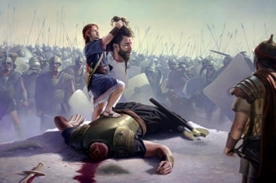 Quadro retratando a vitória do pequeno rei Davi, após a batalha contra o filisteu Golias usando uma funda para dar uma pedrada. Posteriormente cortou sua cabeça.