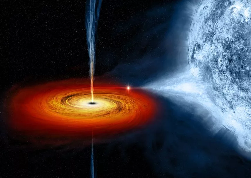 Representação artística de um buraco negro chamado Cygnus X-1. Ele se formou quando uma grande estrela cedeu. É visto aqui atraindo matéria de uma estrela azul nas proximidades. Os buracos negros são tão grandes que nada pode escapar de suas garras gravitacionais. Crédito da imagem: NASA / CSC / M. Weiss.