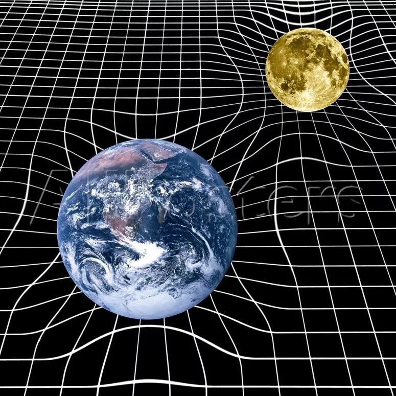 Arte ilustrando a curvatura do espaço-tempo, devido à presença de corpos celestes. Como previsto por Einstein, a massa da Terra e da sua lua cria depressões gravitacionais no tecido do espaço-tempo. Esse espaço tempo é mostrado aqui em uma grade bidimensional (com o potencial gravitacional representado por uma terceira dimensão). Na presença de um campo gravitacional, o espaço-tempo se torna distorcido, ou curvo. Assim, a distância mais curta entre dois pontos não é geralmente uma linha reta, mas uma curva. Crédito de imagem: Victor de Schwanberg / Science Source.